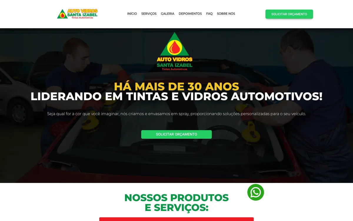 Página inicial do site Auto Vidros Santa Izabel