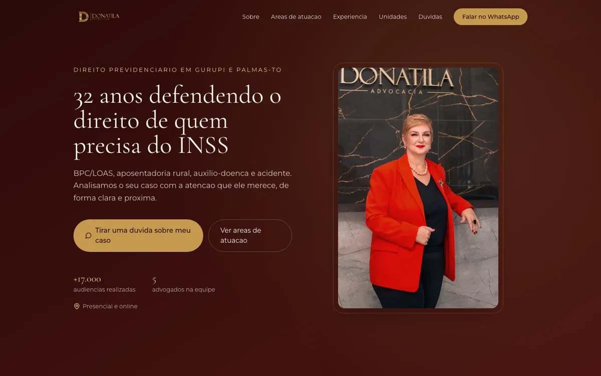 Página inicial do site Advocacia Donatila