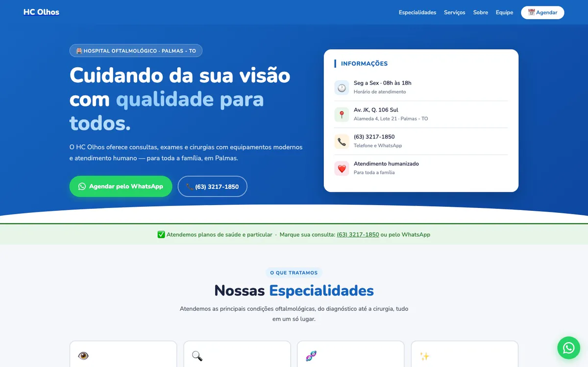 Página inicial do site HC Olhos